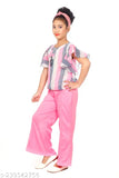 Pink Georgette & Cotton Blend Colorblocked Palazzo Set for Kids, featuring handcrafted flowers and short sleeves, perfect for parties and festive occasions