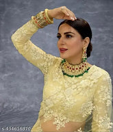 New yellow soft net Bollywood embroidery saree with all-over pearl work, free size, 5.5m length