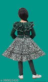 Printed crepe girls frock set with leggings, knee-length, three-quarter sleeves. Indian kids party wear for ages 4-11