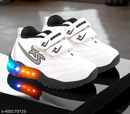 White and black canvas sneakers with LED lights for kids up to 7 years, embellished design and Velcro fastening
