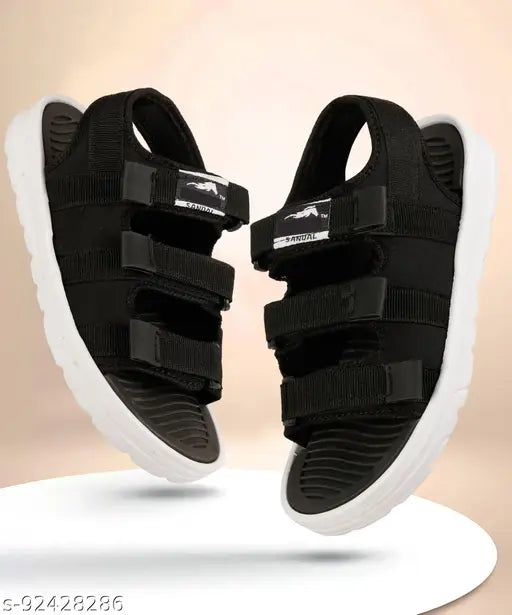 Stylish boys black Lycra sandals with EVA sole, velcro fastening. Ideal for fashionable youth. Single pair of lightweight, daily-use boys' casual slippers & sandals