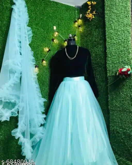 Velvet and net ruffle lehenga set with heavy blouse, free size