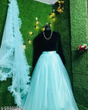 Velvet and net ruffle lehenga set with heavy blouse, free size