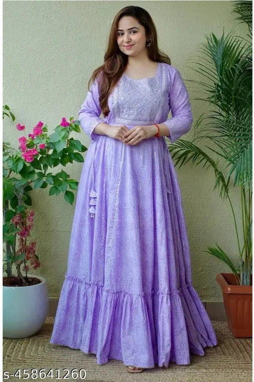 Purple rayon Anarkali with Amreli gujrati embroidery, three-quarter sleeves printed combo