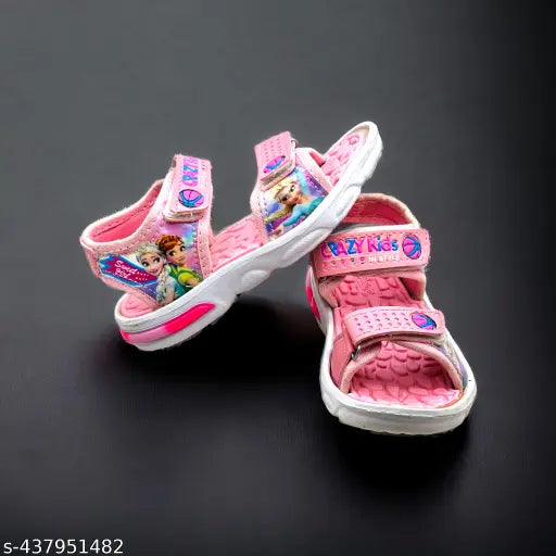 Baby pink patent leather sandals with printed net, perfect for trendy kids aged 2-14 years. Secure velcro fastening