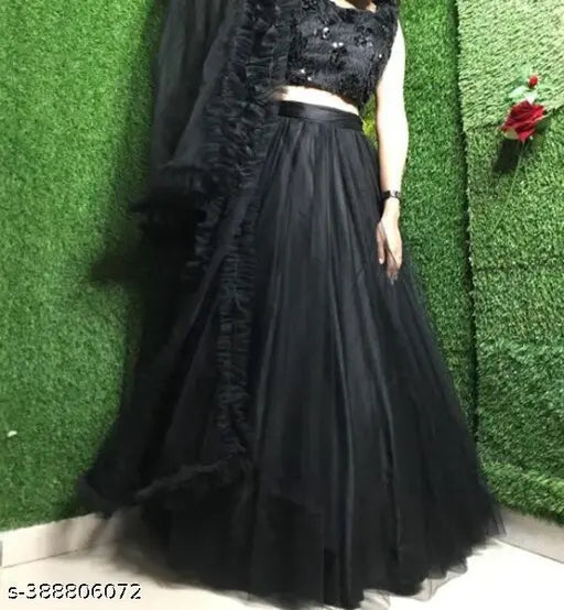 Black velvet and net Phrill Lahenga with zari work, semi-stitched and free size (waist 20in, length 42in), Indian origin