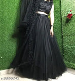 Black velvet and net Phrill Lahenga with zari work, semi-stitched and free size (waist 20in, length 42in), Indian origin
