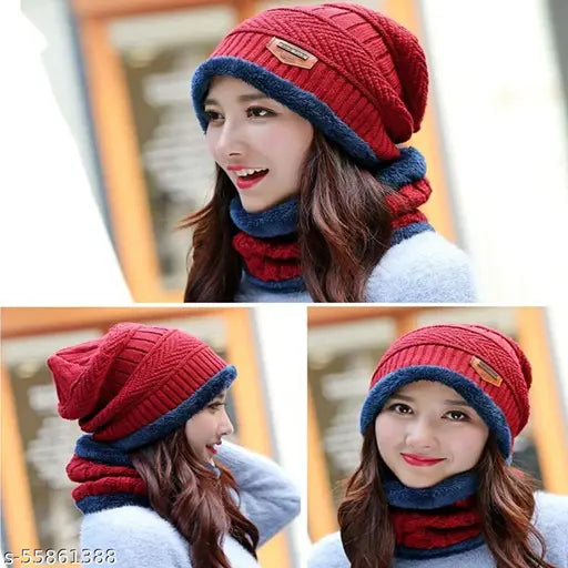 Maroon textured woolen beanie cap with neck warmer, soft fur winter set for unisex use