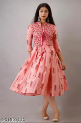 Pink cotton flared kurta, three-quarter sleeves, printed floral combo, Indian Indo-Western style