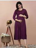 Rayon maternity gown with embroidered feeding zip, three-quarter sleeves for expectant mothers, India-made