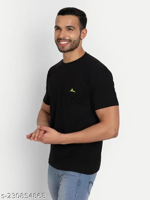 Black cotton blend Zeffit mens round placement print t-shirt, short sleeves, size M (36 in chest, 26 in length). Daily wear or casual outings