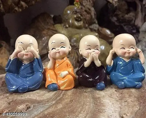 Multicolored resin Baby Monk Buddha set of 4 for home decor, car dashboard, living room, office, gifting. Small showpiece, Indian origin
