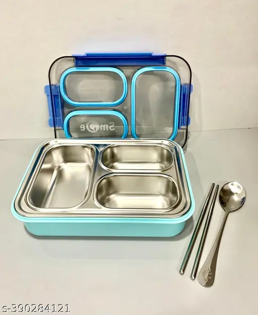 Blue stainless steel lunchbox with cutlery, compact and portable, ideal for school or travel. Made of non-toxic SS304 and PP material, leakproof design." (125 characters)