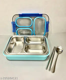 Blue stainless steel lunchbox with cutlery, compact and portable, ideal for school or travel. Made of non-toxic SS304 and PP material, leakproof design." (125 characters)