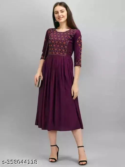 Rayon calf length Anarkali Kurtis with embroidered patterns, perfect for women's workwear or casual wear. Made by SNEHA EXPORT, available in various sizes (S-XXXL). Indian origin