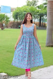 Blue printed flared gown, rayon, sleeveless, Indian ethnic wear for women