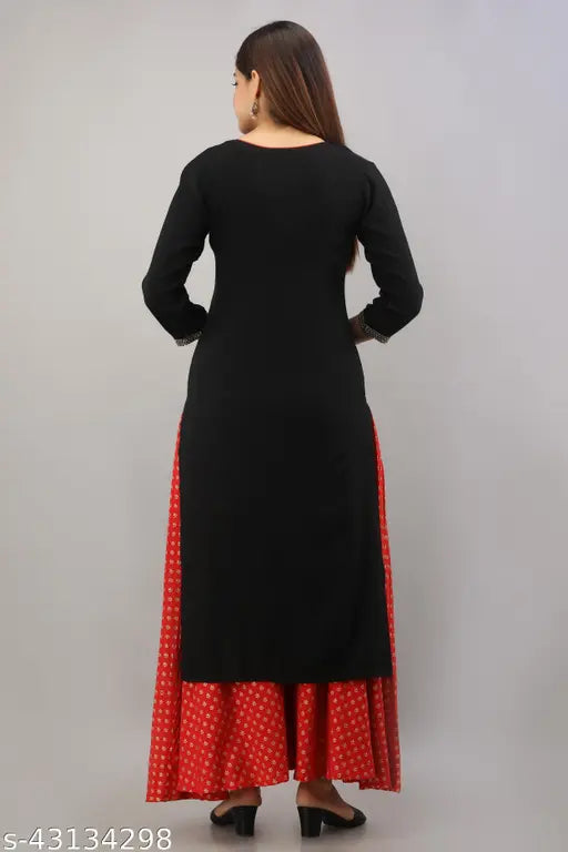 Trendy rayon kurta set with palazzos, embroidered net, three-quarter sleeves. Indian ethnic designer women's clothing
