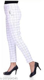 Trendy white & beige checked net Lycra jeggings for women, two-pocket design, ankle length, extremely comfortable, best paired with shirts and jackets, sizes 26, 28, 30, 32 (waist 26in-32in, length 35in), made in India