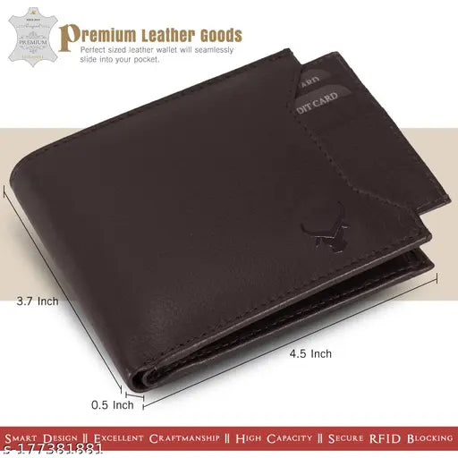 Pure leather RFID protected men's wallet with 5 compartments, solid design for gifting or daily use. Brown leather money purse on table
