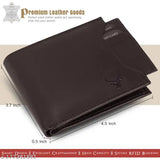 Pure leather RFID protected men's wallet with 5 compartments, solid design for gifting or daily use. Brown leather money purse on table
