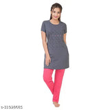 Grey pink women's cotton night suit with flower print, soft and comfortable for a restful sleep