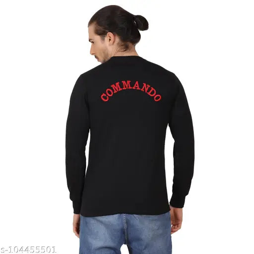 Black cotton blend military-style T-shirt for men, long sleeves, embroidered net pattern, premium quality, made in India