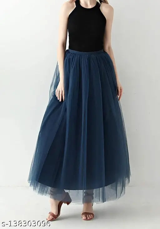 Navy Blue Net Skirt, Designer Trendy Women's Solid Style, Free Size (waist 28in, length 40in), Indian origin