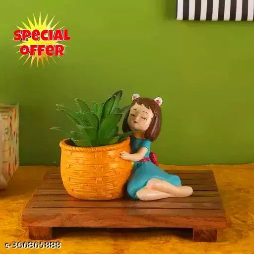 Yellow resin figurine of a thinking dreaming girl with a basket, ideal for home, office, car, and desk decor. Hand-painted detail adds an antique touch, perfect for birthday, wedding, or Valentine's gifts. Measures 10.5 cm x 9 cm x 10.5 cm. Indian artisan crafted
