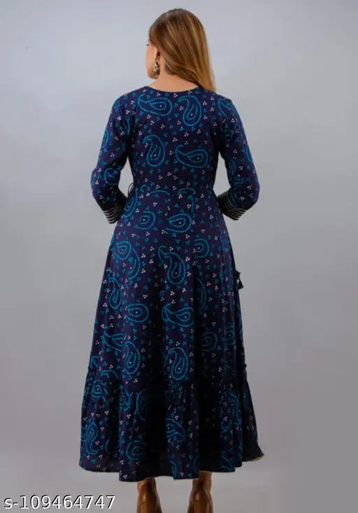 Stylish embroidered Rayon kurti with printanarkali design, three-quarter sleeves in vibrant Indian fashion