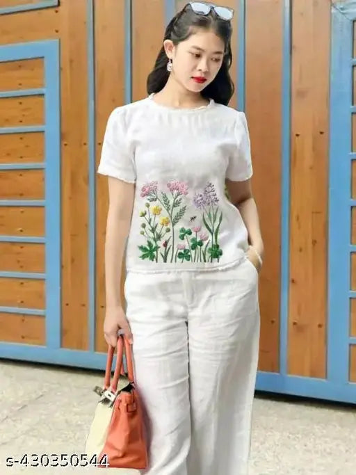 Cotton blend embroidery two-piece set, loose fit coord set in white for versatile women's fashion, soft and breathable