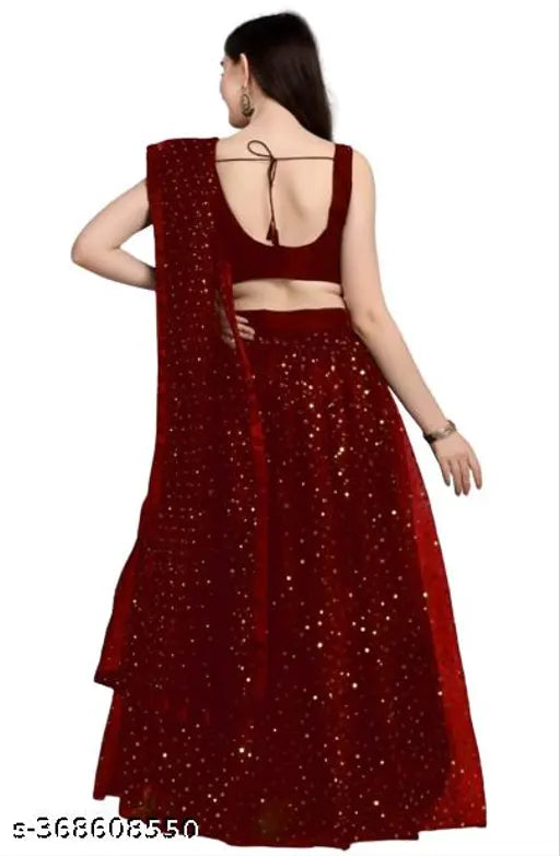 Maroon satin-net lehenga set with embellished choli and dupatta, Indian Maa Khodiyar creation, free size