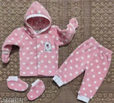 Dusty pink polka dot full sleeve sweaters for newborns, warm and stylish with cartoon prints
