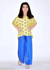 Girls nylon kaftan top & palazzo bottom set, printed style for 3-14 years, India origin