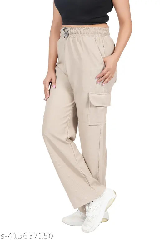 Pink polycotton maxi cargo pants for women, FLOSEE brand, 4 pockets, mid-rise, elastic/drawstring waist