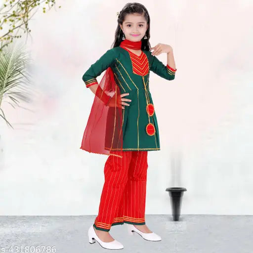 Polycotton girls kurta pant & dupatta set, three-quarter sleeves, 2-12 years, Indian fashion
