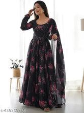 Black Georgette full-flared aline designer gown with floral print, complete ensemble including dupatta, free belt for women's home and regular wear