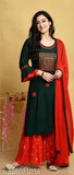 Latest rayon kurta sharara set with embroidery work, three-quarter sleeves, and matching dupatta and bottomwear. India origin