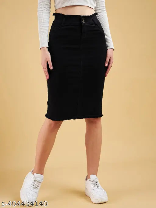 Black knee-length denim skirt, solid fabric, stretchable, size 26 waist, India-made