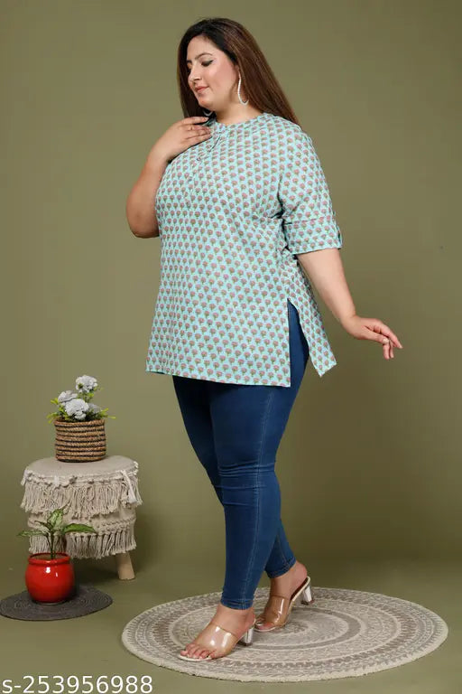 Comfy plus size cotton tunics with three-quarter sleeves, printed pattern for retro women, India origin