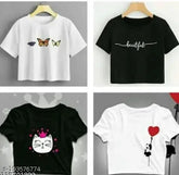 Trendy cotton blend crop tops, pack of 4 for girls' casual wear, printed pattern, XS-XL sizes