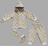 Beige wool full sleeves polka dots cartoon print hooded sweaters set for baby boys and girls, perfect winter outfit with matching bodysuits