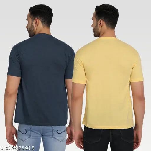 Yellow cotton blend round-neck t-shirt pack 2 for men, featuring printed typography design. Perfect for casual or smart-casual wear." (108 characters)