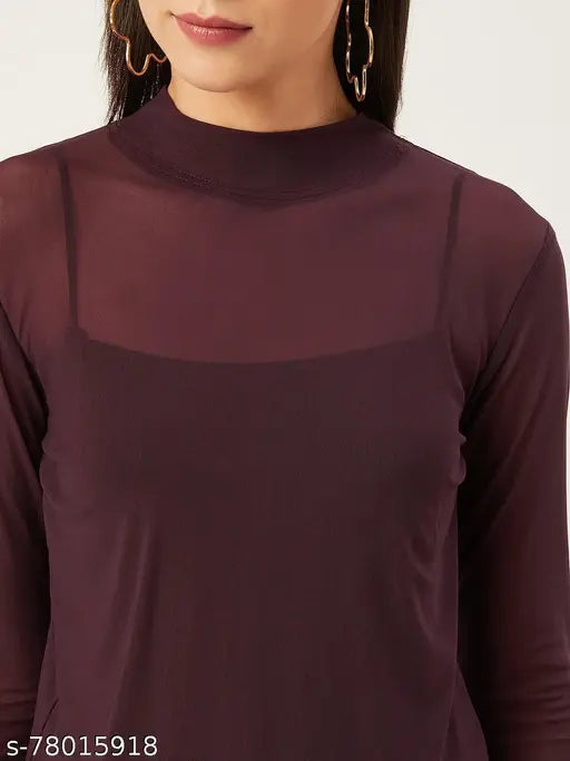 Long-sleeve printed net top, fitted style in XS, S, M, L, XL, XXL. Made from Indian net fabric