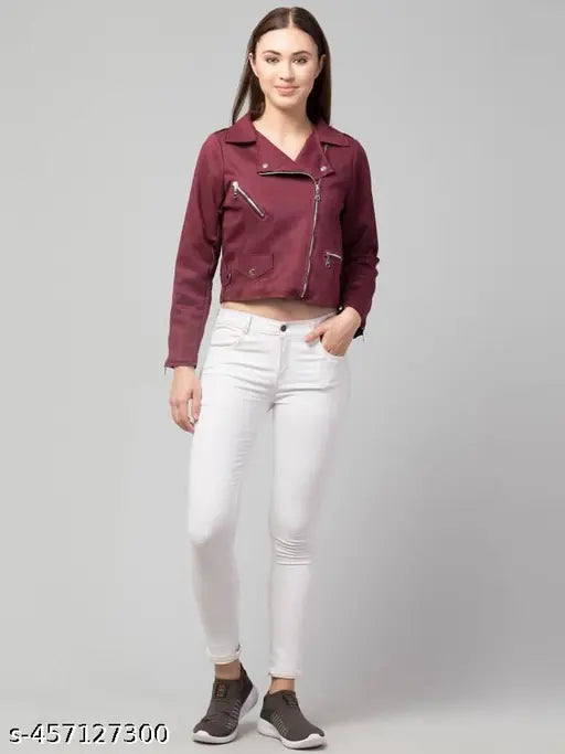 Women's classic winter suede jacket, leather sleeves, solid pattern in long sleeve length, collared neck, tailored fit, India origin