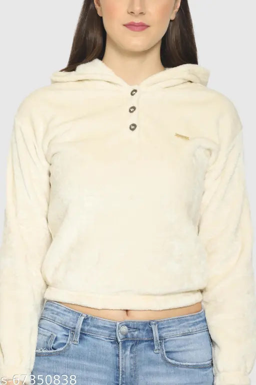 White wool three-quarter sleeve Pretty Loving Thing hooded neck sweatshirt for women, solid pattern, XS (32in bust, 26in length), warm winter wardrobe essential