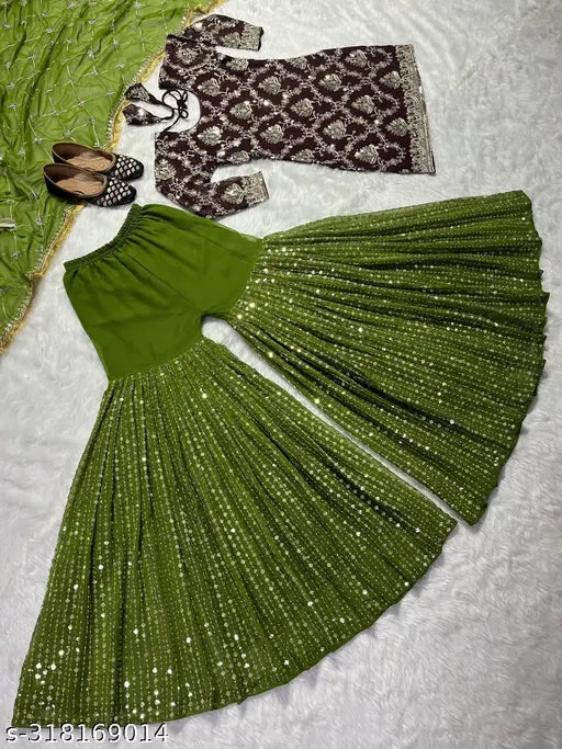 Party wear dhoti salwar suit with georgette fabric, embroidered sequin work, three-quarter sleeves, and a matching dupatta (2.30m length). Indian bridal party wear set in up to XL sizes