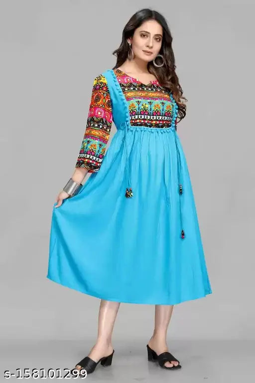 Women's Rayon Stitched Flared/A-line Kurta, vibrant print on soft fabric, suitable for parties and festive occasions