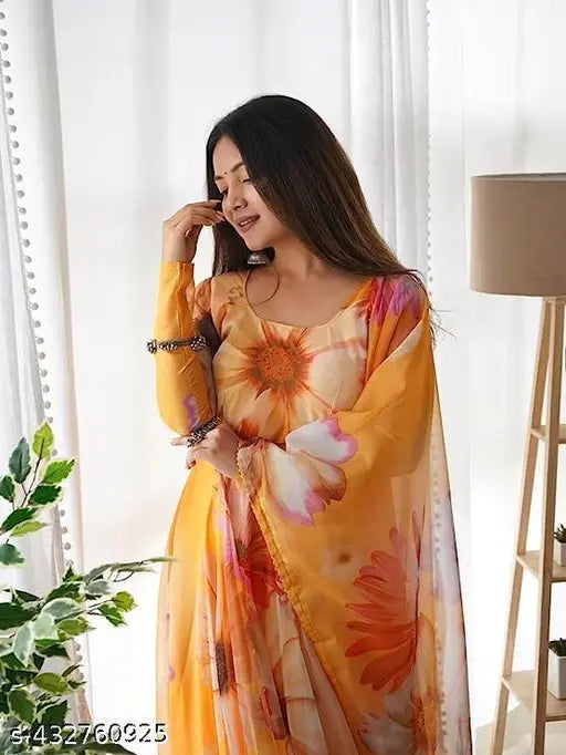 Organza and Tabby silk, printed flower gown for women. Three-quarter sleeves, full figure silhouette. Made in India