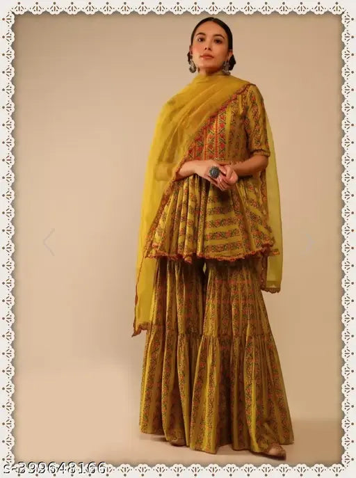 Rayon chiffon printed net dupatta set with sharara bottomwear by CLOFAB, single size available in S, M, L, XL, XXL, XXXL
