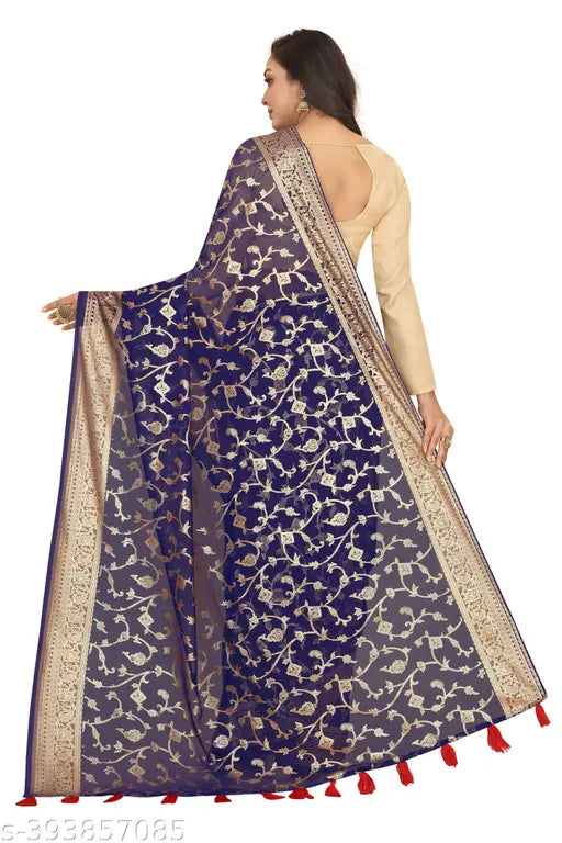 Navy Georgette saree with gold foil print, featuring Latkan detail and a separate art silk blouse